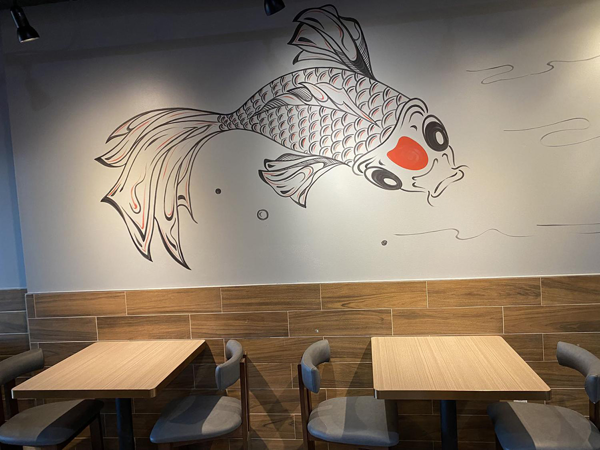A stylized goldfish mural on the restaurant wall. at Ichiddo Ramen, Ramen Restaurant in Wappingers Falls